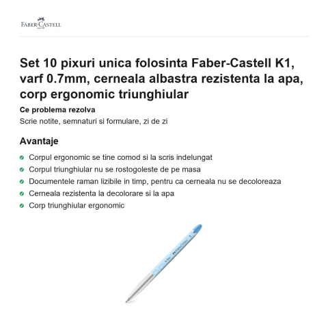 Set 10 pixuri unica folosinta Faber-Castell K1, varf 0.7mm, cerneala albastra rezistenta la apa, corp ergonomic triunghiular [1]