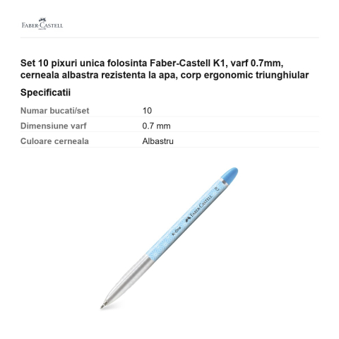 Set 10 pixuri unica folosinta Faber-Castell K1, varf 0.7mm, cerneala albastra rezistenta la apa, corp ergonomic triunghiular [2]