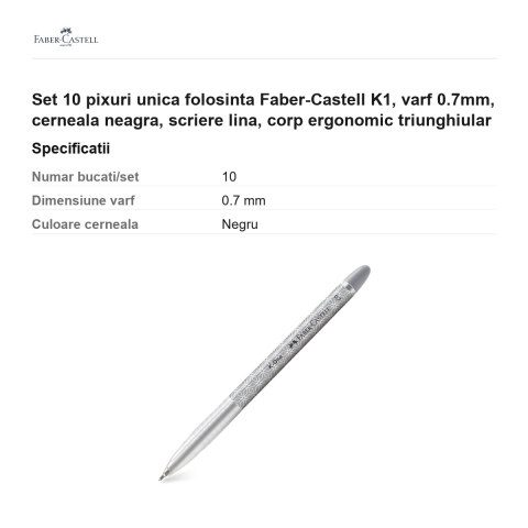 Set 10 pixuri unica folosinta Faber-Castell K1, varf 0.7mm, cerneala neagra, scriere lina, corp ergonomic triunghiular [2]