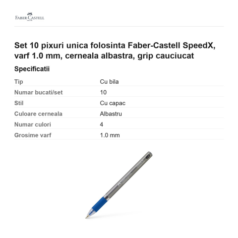 Set 10 pixuri unica folosinta Faber-Castell SpeedX, varf 1.0 mm, cerneala albastra, grip cauciucat [2]