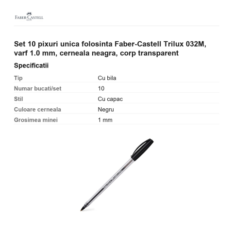 Set 10 pixuri unica folosinta Faber-Castell Trilux 032M, varf 1.0 mm, cerneala neagra, corp transparent [2]