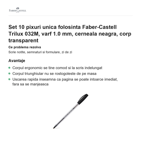 Set 10 pixuri unica folosinta Faber-Castell Trilux 032M, varf 1.0 mm, cerneala neagra, corp transparent [1]