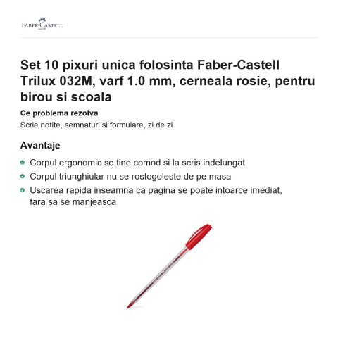Set 10 pixuri unica folosinta Faber-Castell Trilux 032M, varf 1.0 mm, cerneala rosie, pentru birou si scoala [1]