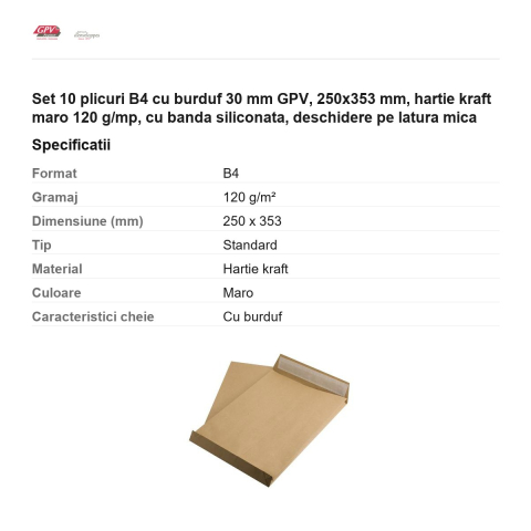 Set 10 plicuri B4 cu burduf 30 mm GPV, 250x353 mm, hartie kraft maro 120 g/mp, cu banda siliconata, deschidere pe latura mica [2]