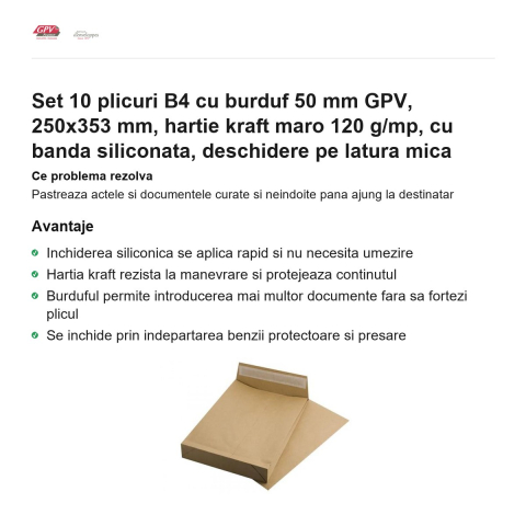 Set 10 plicuri B4 cu burduf 50 mm GPV, 250x353 mm, hartie kraft maro 120 g/mp, cu banda siliconata, deschidere pe latura mica [1]