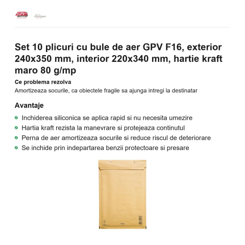Set 10 plicuri cu bule de aer GPV F16, exterior 240x350 mm, interior 220x340 mm, hartie kraft maro 80 g/mp [1]