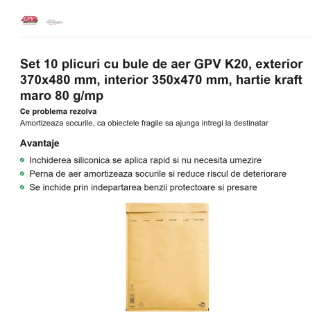 Set 10 plicuri cu bule de aer GPV K20, exterior 370x480 mm, interior 350x470 mm, hartie kraft maro 80 g/mp [1]