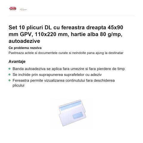 Set 10 plicuri DL cu fereastra dreapta 45x90 mm GPV, 110x220 mm, hartie alba 80 g/mp, autoadezive [1]