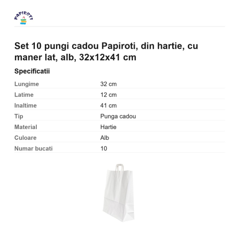 Set 10 pungi cadou Papiroti, din hartie, cu maner lat, alb, 32x12x41 cm [2]