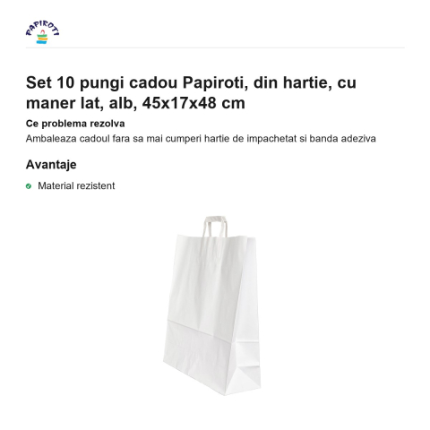 Set 10 pungi cadou Papiroti, din hartie, cu maner lat, alb, 45x17x48 cm [1]