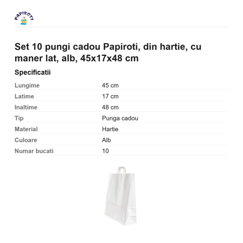 Set 10 pungi cadou Papiroti, din hartie, cu maner lat, alb, 45x17x48 cm [2]