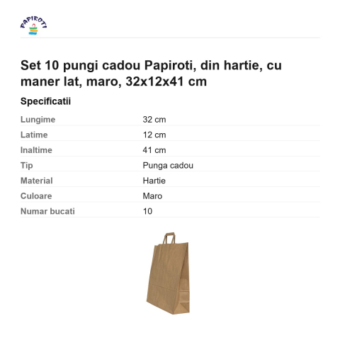 Set 10 pungi cadou Papiroti, din hartie, cu maner lat, maro, 32x12x41 cm [2]
