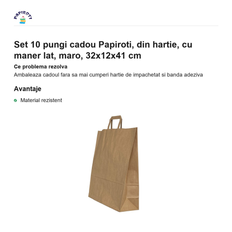 Set 10 pungi cadou Papiroti, din hartie, cu maner lat, maro, 32x12x41 cm [1]