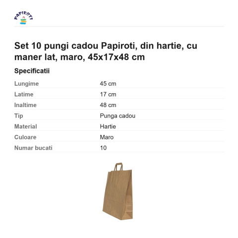 Set 10 pungi cadou Papiroti, din hartie, cu maner lat, maro, 45x17x48 cm [2]