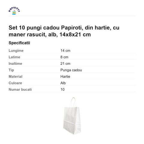 Set 10 pungi cadou Papiroti, din hartie, cu maner rasucit, alb, 14x8x21 cm [2]