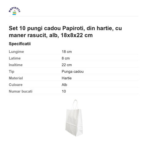 Set 10 pungi cadou Papiroti, din hartie, cu maner rasucit, alb, 18x8x22 cm [2]