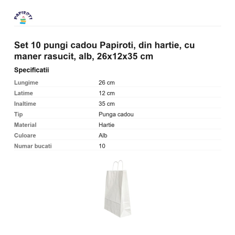 Set 10 pungi cadou Papiroti, din hartie, cu maner rasucit, alb, 26x12x35 cm [2]