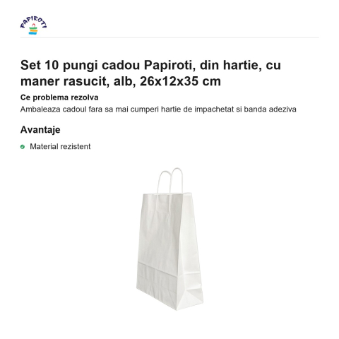 Set 10 pungi cadou Papiroti, din hartie, cu maner rasucit, alb, 26x12x35 cm [1]