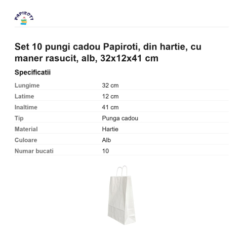Set 10 pungi cadou Papiroti, din hartie, cu maner rasucit, alb, 32x12x41 cm [2]