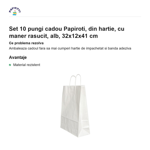 Set 10 pungi cadou Papiroti, din hartie, cu maner rasucit, alb, 32x12x41 cm [1]