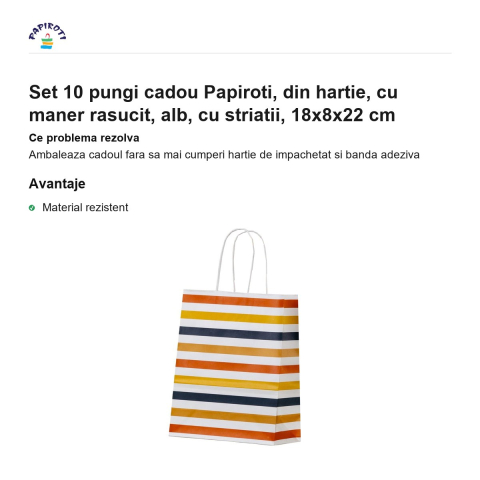 Set 10 pungi cadou Papiroti, din hartie, cu maner rasucit, alb, cu striatii, 18x8x22 cm [1]