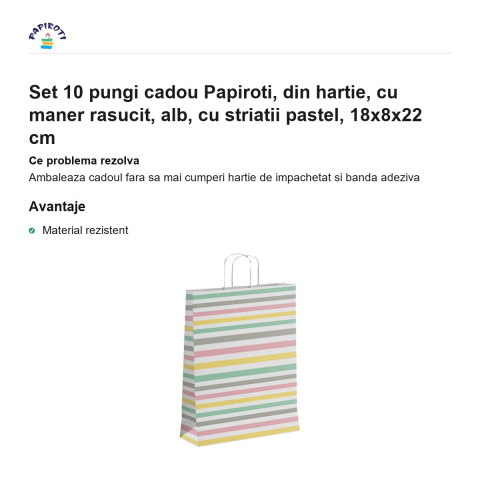 Set 10 pungi cadou Papiroti, din hartie, cu maner rasucit, alb, cu striatii pastel, 18x8x22 cm [1]
