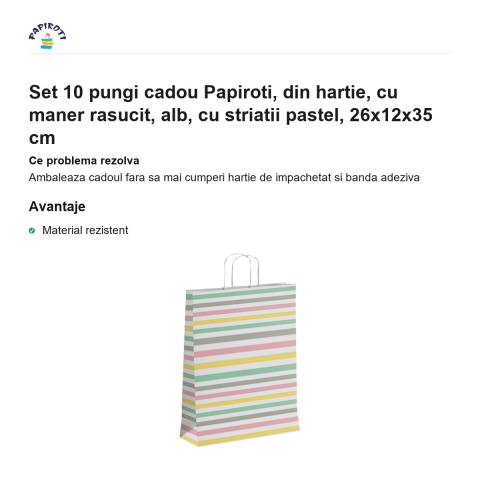 Set 10 pungi cadou Papiroti, din hartie, cu maner rasucit, alb, cu striatii pastel, 26x12x35 cm [1]