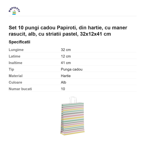 Set 10 pungi cadou Papiroti, din hartie, cu maner rasucit, alb, cu striatii pastel, 32x12x41 cm [2]
