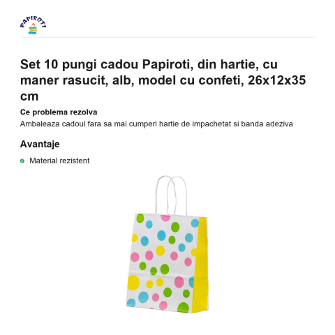 Set 10 pungi cadou Papiroti, din hartie, cu maner rasucit, alb, model cu confeti, 26x12x35 cm [1]