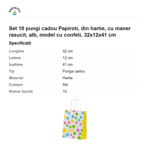 Set 10 pungi cadou Papiroti, din hartie, cu maner rasucit, alb, model cu confeti, 32x12x41 cm [2]