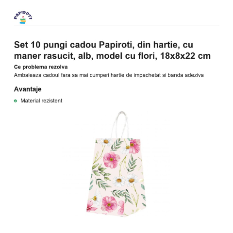 Set 10 pungi cadou Papiroti, din hartie, cu maner rasucit, alb, model cu flori, 18x8x22 cm [1]