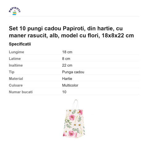 Set 10 pungi cadou Papiroti, din hartie, cu maner rasucit, alb, model cu flori, 18x8x22 cm [2]