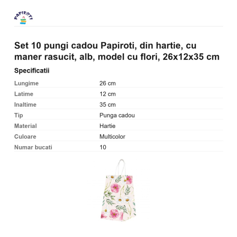Set 10 pungi cadou Papiroti, din hartie, cu maner rasucit, alb, model cu flori, 26x12x35 cm [2]