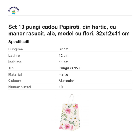 Set 10 pungi cadou Papiroti, din hartie, cu maner rasucit, alb, model cu flori, 32x12x41 cm [2]