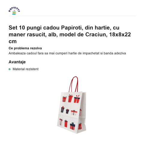 Set 10 pungi cadou Papiroti, din hartie, cu maner rasucit, alb, model de Craciun, 18x8x22 cm [1]