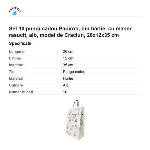 Set 10 pungi cadou Papiroti, din hartie, cu maner rasucit, alb, model de Craciun, 26x12x35 cm [2]
