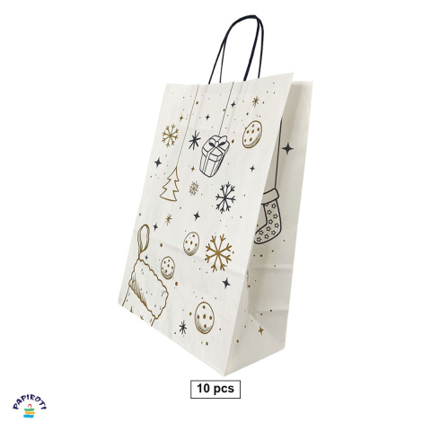 Ambalaje cadouri - Set 10 pungi cadou Papiroti, din hartie, cu maner rasucit, alb, model de Craciun, 26x12x35 cm