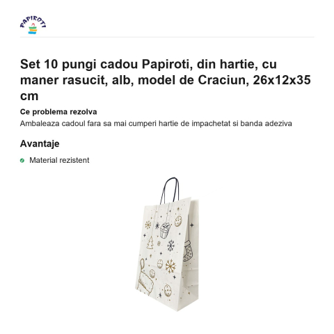 Set 10 pungi cadou Papiroti, din hartie, cu maner rasucit, alb, model de Craciun, 26x12x35 cm [1]