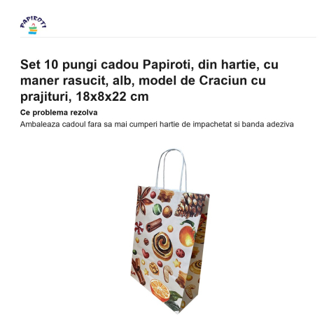 Set 10 pungi cadou Papiroti, din hartie, cu maner rasucit, alb, model de Craciun cu prajituri, 18x8x22 cm [1]
