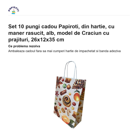 Set 10 pungi cadou Papiroti, din hartie, cu maner rasucit, alb, model de Craciun cu prajituri, 26x12x35 cm [1]