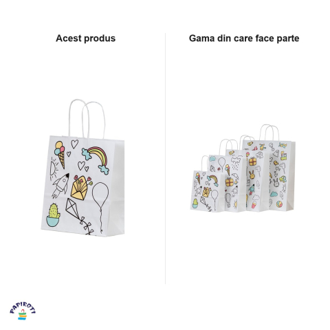 Set 10 pungi cadou Papiroti, din hartie, cu maner rasucit, alb, model pentru copii, 18x8x22 cm [3]