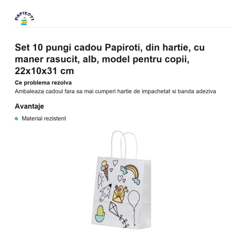 Set 10 pungi cadou Papiroti, din hartie, cu maner rasucit, alb, model pentru copii, 22x10x31 cm [1]