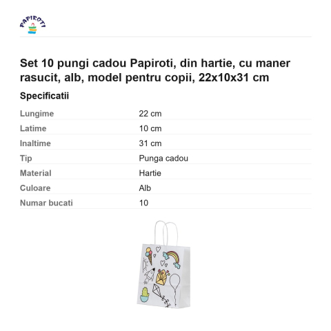 Set 10 pungi cadou Papiroti, din hartie, cu maner rasucit, alb, model pentru copii, 22x10x31 cm [2]