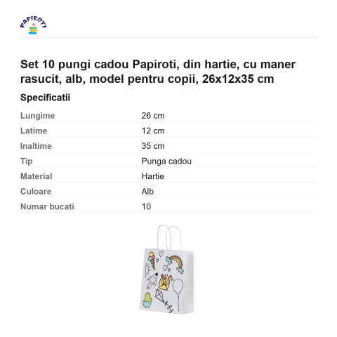 Set 10 pungi cadou Papiroti, din hartie, cu maner rasucit, alb, model pentru copii, 26x12x35 cm [2]