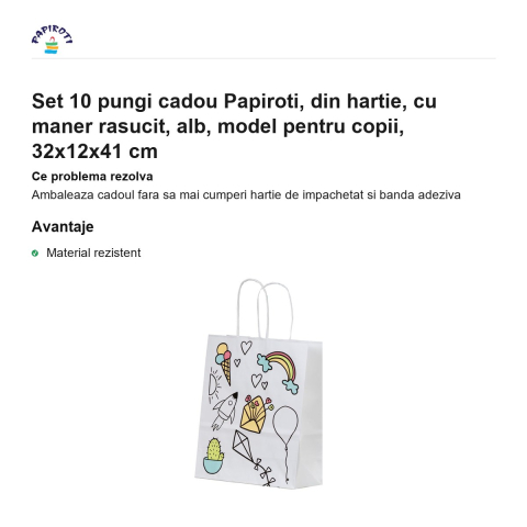 Set 10 pungi cadou Papiroti, din hartie, cu maner rasucit, alb, model pentru copii, 32x12x41 cm [1]