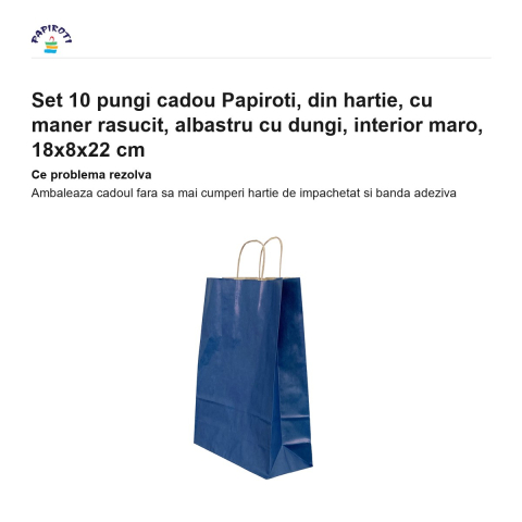 Set 10 pungi cadou Papiroti, din hartie, cu maner rasucit, albastru cu dungi, interior maro, 18x8x22 cm [1]