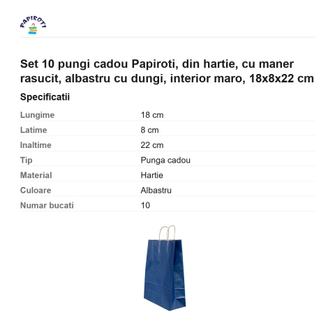 Set 10 pungi cadou Papiroti, din hartie, cu maner rasucit, albastru cu dungi, interior maro, 18x8x22 cm [2]