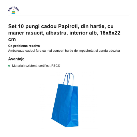 Set 10 pungi cadou Papiroti, din hartie, cu maner rasucit, albastru, interior alb, 18x8x22 cm [1]