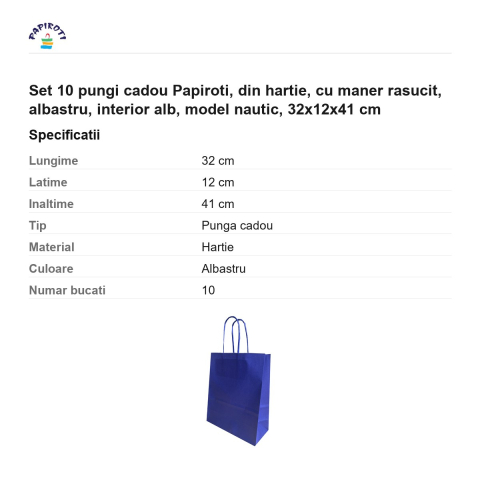Set 10 pungi cadou Papiroti, din hartie, cu maner rasucit, albastru, interior alb, model nautic, 32x12x41 cm [2]