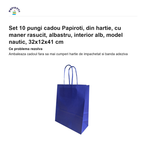 Set 10 pungi cadou Papiroti, din hartie, cu maner rasucit, albastru, interior alb, model nautic, 32x12x41 cm [1]